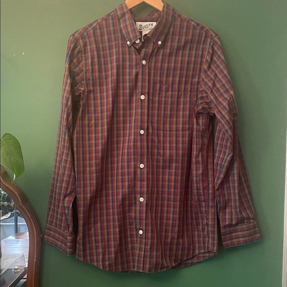 Duluth Trading Co Mens Slim Fit M Red, Blue & Mustard Plaid Shirt Fall - Picture 1 of 8